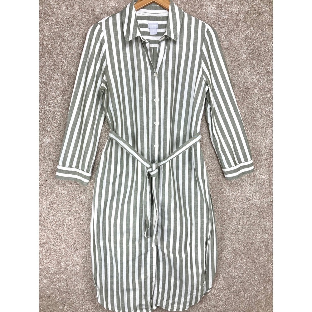 Chicos Linen Striped Midi Shirt Dress Womens S Gray White Breathable Minimalist